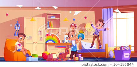 Kid bedroom interior with boys character vector 104195844