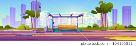 Bus stop station on city road background near sign Bus stop station on city road background near sign 104195851