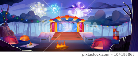 Music concert stage with camp tent in night park 104195863