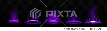 Circle hologram portals with purple light effect Circle hologram portals with purple light effect 104195919