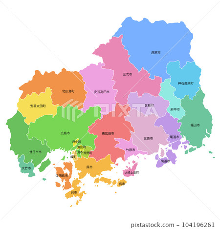 Hiroshima prefecture and municipalities map Hiroshima prefecture and municipalities map 104196261