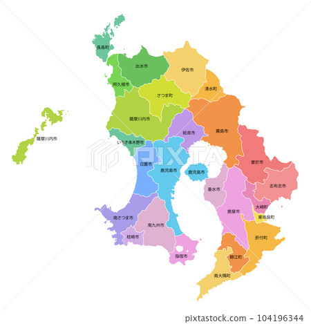 Kagoshima prefecture and municipalities map Kagoshima prefecture and municipalities map 104196344