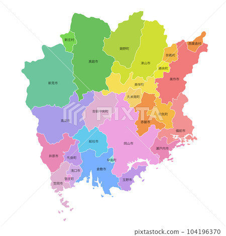 Okayama prefecture and municipalities map Okayama prefecture and municipalities map 104196370