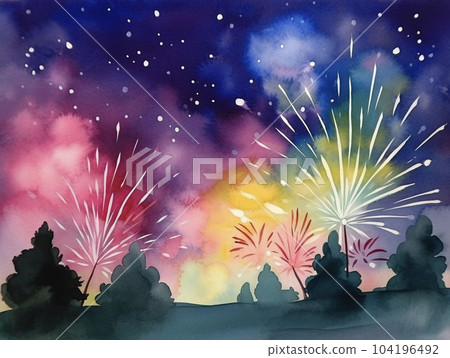 Watercolor fireworks shining in the night sky AI image Watercolor fireworks shining in the night sky AI image 104196492