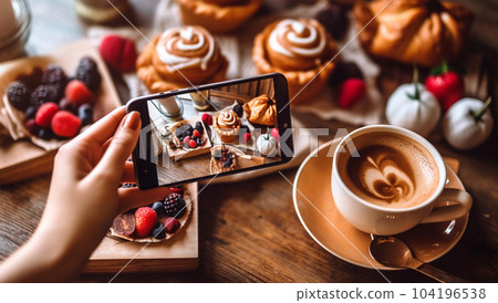 Food bloggers taking photos for their food blog using mobile phones. Women bloggers shooting photos of fruit bowl and smoothie jar placed along with a DSLR camera for an article on food blog. 104196538