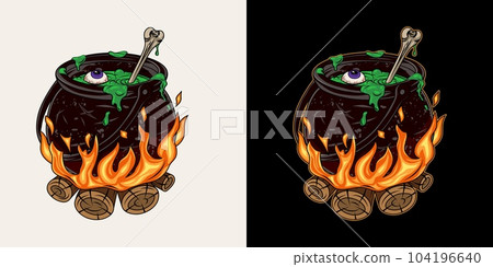 Witch cauldron with bubbling green potion 104196640