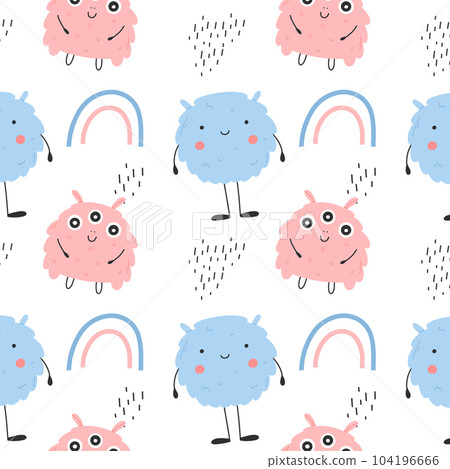 Childish seamless pattern with cute monster. Vector illustration. Kids print in Scandinavian style. Flat style. 104196666
