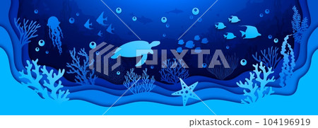 Underwater paper cut, sea landscape with turtle and jellyfish, seaweeds and fish shoal, vector silhouette papercut. Undersea world or ocean coral reef landscape in paper cutout layers background 104196919
