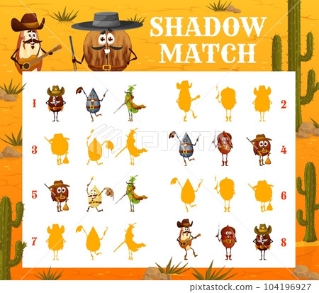 Shadow matching game. Wild west cartoon nut cowboy, bandit and ranger characters on shadow compare quiz vector worksheet with almond, coffee bean, pumpkin and sunflower seed, peanut and macadamia 104196927