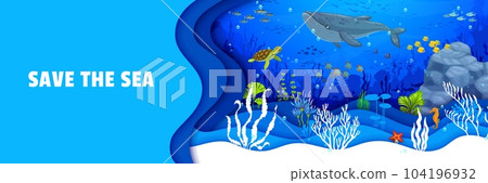 Cartoon sea paper cut landscape. Whale and turtle, fish shoal and seahorse, tropical seaweeds and coral reefs create colorful underwater world that sparks the imagination. Vector save ocean banner 104196932