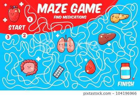Labyrinth maze game. Help to sick human body organ find a medication. Kids maze playing activity vector worksheet, labyrinth puzzle with ill heart, lungs, kidney and pancreas, intestine personages 104196966