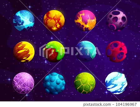 Cartoon alien fantasy space planets. Vector colorful fantastic galaxy ui game asteroids. Cosmic world objects with holes, frozen ice, pimples, green toxic goo, craters and glowing lava on surface 104196967