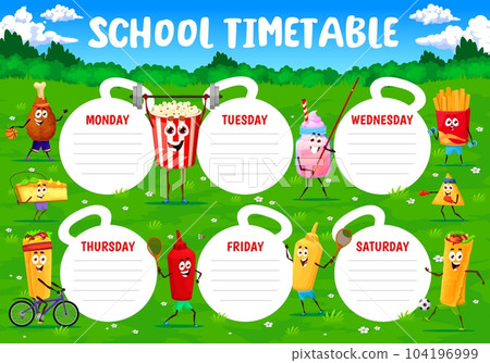 Timetable schedule. Cartoon fast food characters on sport. Education week timetable, school classes vector planner with popcorn, cake, burrito and nachos, fries, smoothie funny personages on fitness Timetable schedule. Cartoon fast food characters on sport. Education week timetable, school classes vector planner with popcorn, cake, burrito and nachos, fries, smoothie funny personages on fitness 104196999