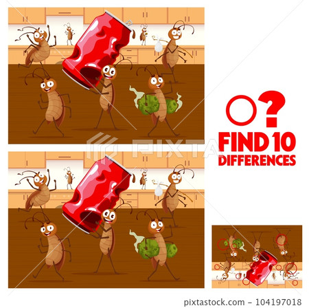 Find ten differences. Cartoon cockroach characters on kitchen kids vector game worksheet. Educational children riddle, leisure activity with funny pests steal garbage and old tin can, riddle task 104197018