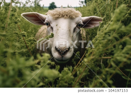 Sheep on a meadow in the grass. Generative AI 104197153