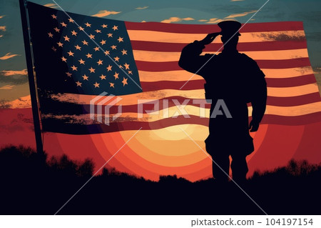 Silhouette of a saluting soldier with USA flag. Generative AI 104197154