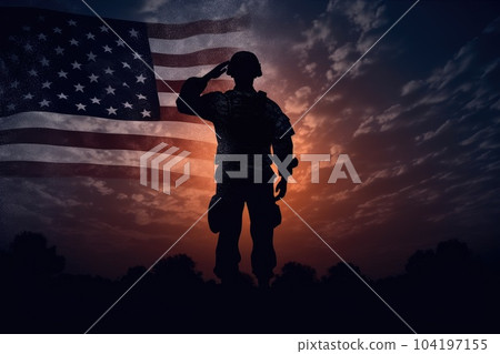 Silhouette of a saluting soldier with USA flag. Generative AI 104197155