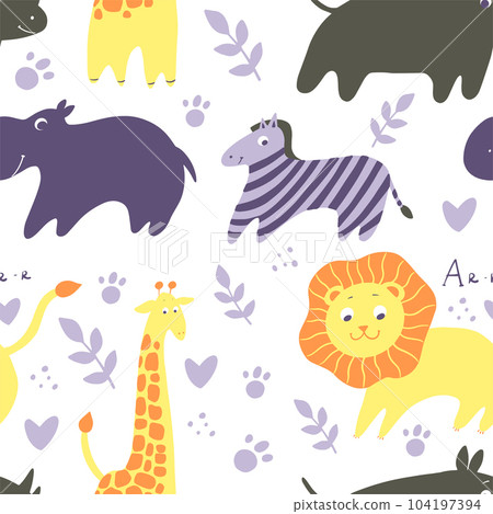 Childish seamless pattern with hand drawn animals. Trendy scandinavian vector background. Perfect for kids apparel,fabric, textile, nursery decoration,wrapping paper Childish seamless pattern with hand drawn animals. Trendy scandinavian vector background. Perfect for kids apparel,fabric, textile, nursery decoration,wrapping paper 104197394