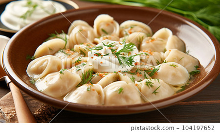 Delicious pelmeni, dumplings, ravioli, for menu in restaurant, banners, social media Delicious pelmeni, dumplings, ravioli, for menu in restaurant, banners, social media 104197652