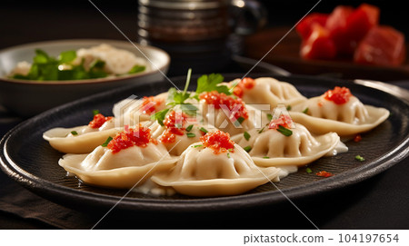 Delicious pelmeni, dumplings, ravioli, for menu in restaurant, banners, social media Delicious pelmeni, dumplings, ravioli, for menu in restaurant, banners, social media 104197654