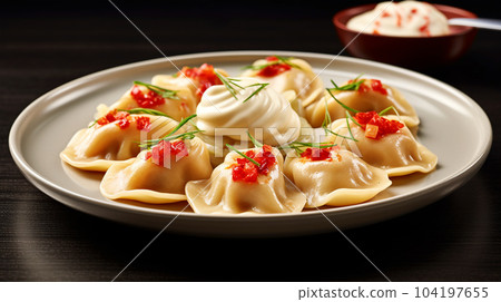 Delicious pelmeni, dumplings, ravioli, for menu in restaurant, banners, social media Delicious pelmeni, dumplings, ravioli, for menu in restaurant, banners, social media 104197655