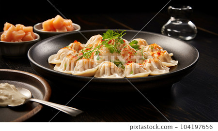 Delicious pelmeni, dumplings, ravioli, for menu in restaurant, banners, social media 104197656