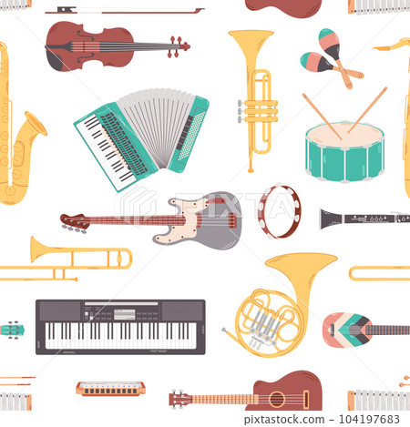 Seamless pattern with different music instruments on white background. Colored flat vector illustration. 104197683