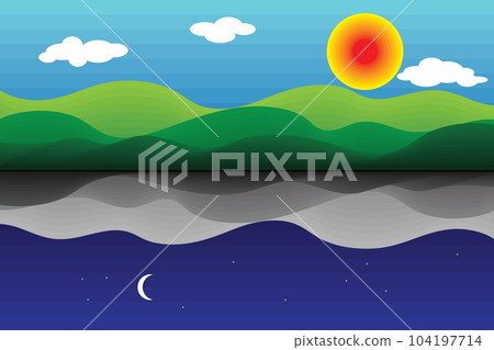 Illustration of the sun moon lover with gradient mountain, Day and night background concept. 104197714