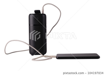 powerbank black isolated on a white background, usb cables, smartphone, plug 104197834