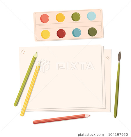 Painting supplies. Brush, colour pencils, watercolor, paper. Vector illustration of stationery isolated on white 104197950