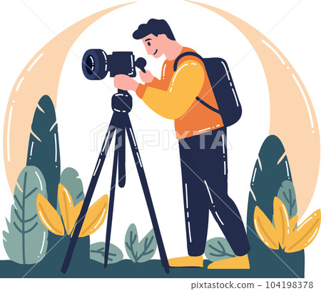 Hand Drawn Cameraman with a camera in flat style 104198378