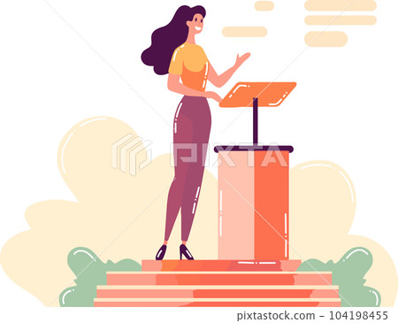Hand Drawn Businesswoman speaking on the podium in flat style 104198455