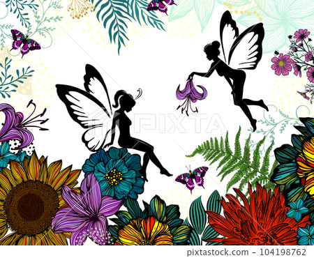 Background with flowers and fairy silhouette. Vector illustration 104198762