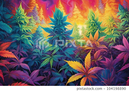 In a technicolor dream, the ganja plant sprouts rainbow - hued leaves, spreading psychedelic vibes across the universe illustration generative ai 104198890