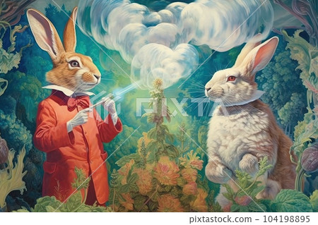 Through the looking glass, a whimsical world emerges, where trees puff out fragrant ganja smoke and talking rabbits share enlightened thoughts illustration generative ai 104198895
