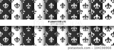 Vector Seamless Pattern with Vintage 3d Realistic White and Black Fleur De Lis. Heraldic Lily Texture, Retro Pattern for Wallpaper, Textile. Vector Illustration 104198908