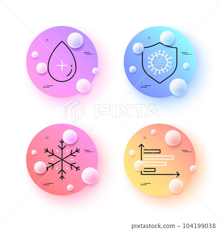Snowflake, Coronavirus and Oil serum minimal line icons. 3d spheres or balls buttons. Horizontal chart icons. For web, application, printing. Snow, Covid protection, Cosmetic care. Vector 104199038
