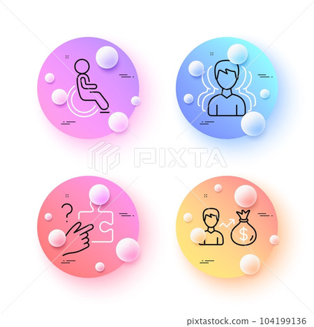 Search puzzle, Sallary and Disability minimal line icons. 3d spheres or balls buttons. Group icons. For web, application, printing. Jigsaw game, Person earnings, Wheelchair user. Vector 104199136