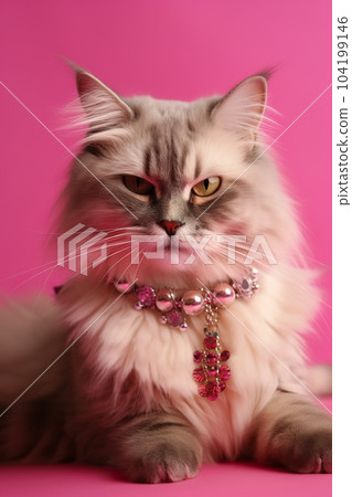 Cool cat with neckless on pink background. Fashionable appearance, be trendy. Style and fashion. Stylish pet. Jewelry, accessories. Generative AI. 104199146