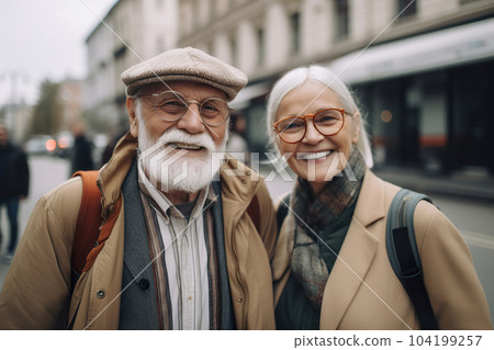 Beautiful seniors couple outdoors in the city. Smiling old people. Happy retirement. Positive aging. Pensioners are joying each other, good mood. Cool senior. Portrait, close up view. Generative AI. Beautiful seniors couple outdoors in the city. Smiling old people. Happy retirement. Positive aging. Pensioners are joying each other, good mood. Cool senior. Portrait, close up view. Generative AI. 104199257