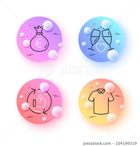 Money bag, Wedding glasses and T-shirt minimal line icons. 3d spheres or balls buttons. Refresh like icons. For web, application, printing. Euro currency, Love champagne, Short sleeves shirt. Vector Money bag, Wedding glasses and T-shirt minimal line icons. 3d spheres or balls buttons. Refresh like icons. For web, application, printing. Euro currency, Love champagne, Short sleeves shirt. Vector 104199319