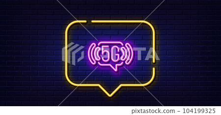 Neon light speech bubble. 5g wi-fi technology line icon. Wifi wireless network sign. Mobile internet symbol. Neon light background. 5g wifi glow line. Brick wall banner. Vector 104199325