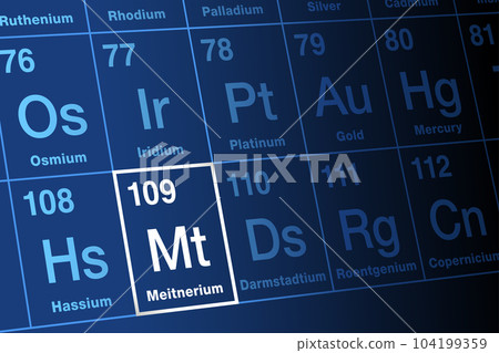 Meitnerium, on the periodic table. Extremly radioactive, superheavy, synthetic transactinide element, with element symbol Mt and atomic number 109. Named after Austrian-Swedish physicist Lise Meitner. 104199359