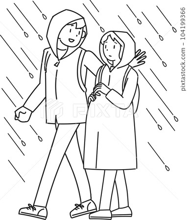 一名孕婦在雨中撤離,一名男子在幫助她 一名孕婦在雨中撤離,一名男子在幫助她 104199366