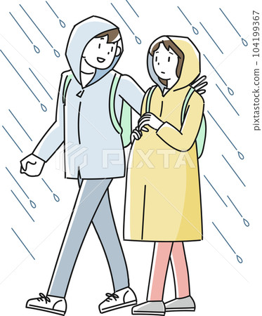一名孕婦在雨中撤離,一名男子在幫助她 一名孕婦在雨中撤離,一名男子在幫助她 104199367