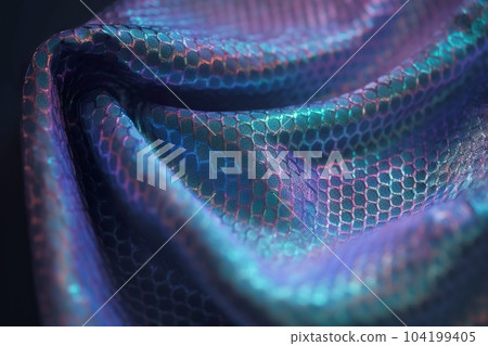 Beautiful holographic textile with folds. Vivid, vibrant colors. Iridescent backdrop. Trendy design. Abstract background. Generative AI. 104199405