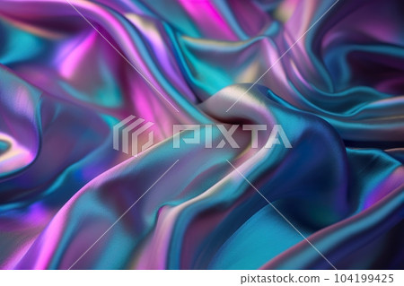 Beautiful holographic textile with folds. Vivid, vibrant colors. Iridescent backdrop. Trendy design. Abstract background. Generative AI. 104199425