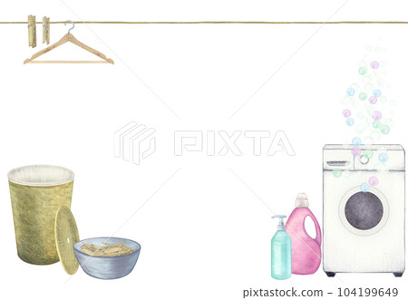 Laundry. Composition with washing machine, basket, basin, washing gel, powder, soap, hanger and clothespins. Watercolor illustration on a white background. Hand-drawn. For postcards 104199649
