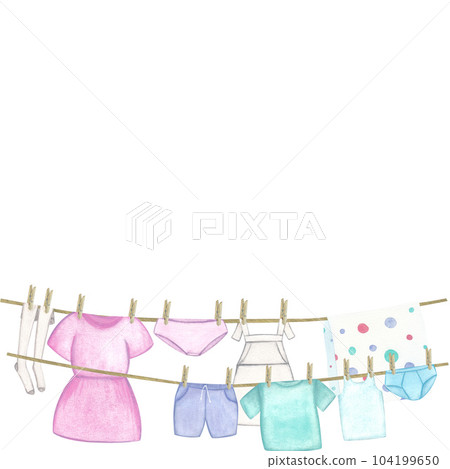 Laundry. Template, border with bed linen and clothes, dress, apron, stockings, T-shirt, shorts, underpants. Watercolor illustration on a white background. Hand-drawn. For postcards 104199650