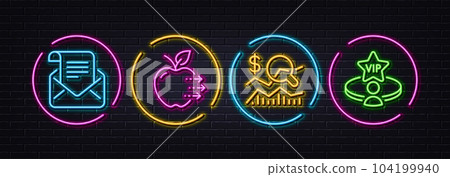 Food delivery, Check investment and Mail newsletter minimal line icons. Neon laser 3d lights. Vip table icons. For web, application, printing. Fresh apple, Business report, Open e-mail. Vector Food delivery, Check investment and Mail newsletter minimal line icons. Neon laser 3d lights. Vip table icons. For web, application, printing. Fresh apple, Business report, Open e-mail. Vector 104199940